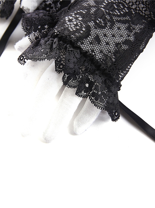 Gothic Style Elegant Lace Ribbon Elastic Adjustment Black Short Gloves