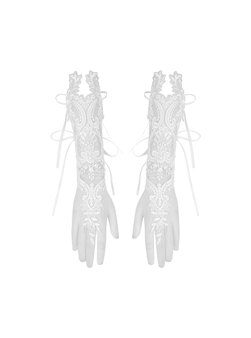 Gothic Style Hollow Mesh Exquisite Embroidery Elegant Ribbon Decorated White Long Gloves