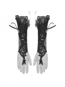 Gothic Style Hollow Mesh Exquisite Embroidery Ribbons Decorate Gorgeous Black Long Gloves