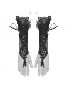 Gothic Style Hollow Mesh Exquisite Embroidery Ribbons Decorate Gorgeous Black Long Gloves