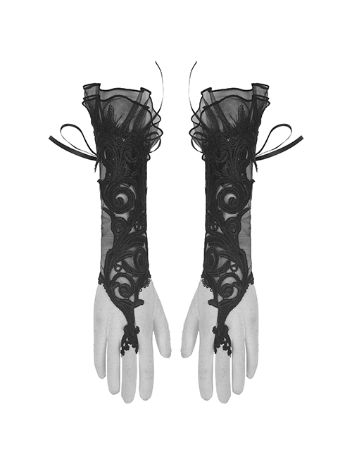 Gothic Style Hollow Mesh Exquisite Embroidery Ribbons Decorate Gorgeous Black Long Gloves