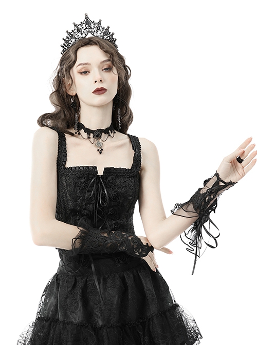 Gothic Style Hollow Mesh Exquisite Embroidery Ribbons Decorate Gorgeous Black Long Gloves