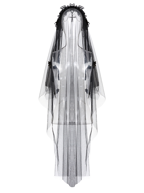 Gothic Style Dark Hollow Mesh Lace Cross Metal Decoration Gorgeous Black Veil