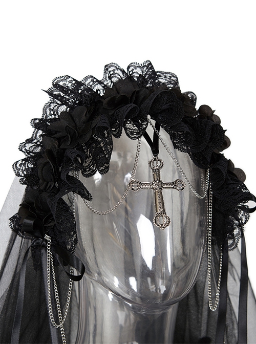 Gothic Style Dark Hollow Mesh Lace Cross Metal Decoration Gorgeous Black Veil