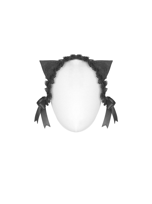 Gothic Style Cute Cat Ear Shape Lace Embellished Ribbon Bowknot Decorative Black Headband