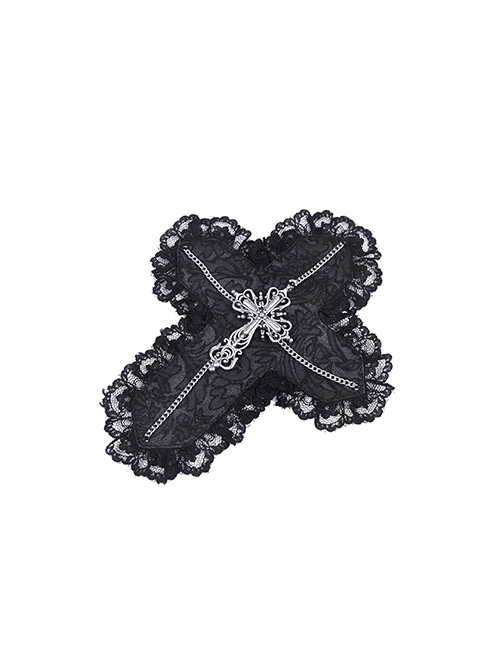 Gothic Style Cross Shape Exquisite Lace Surround Silver Cross Chain Embellished Dark Black Hairpin