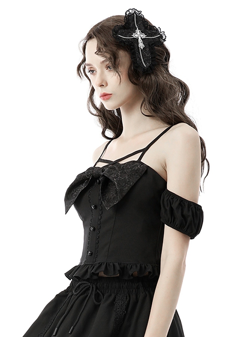 Gothic Style Cross Shape Exquisite Lace Surround Silver Cross Chain Embellished Dark Black Hairpin