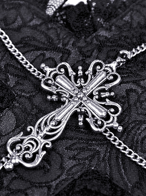 Gothic Style Cross Shape Exquisite Lace Surround Silver Cross Chain Embellished Dark Black Hairpin