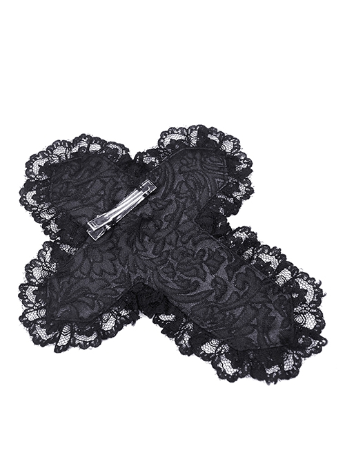 Gothic Style Cross Shape Exquisite Lace Surround Silver Cross Chain Embellished Dark Black Hairpin