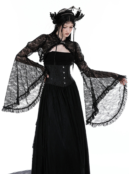 Gothic Style Sexy Elegant Romantic Floral Lace Mesh Translucent Retro Long Sleeve Shawl