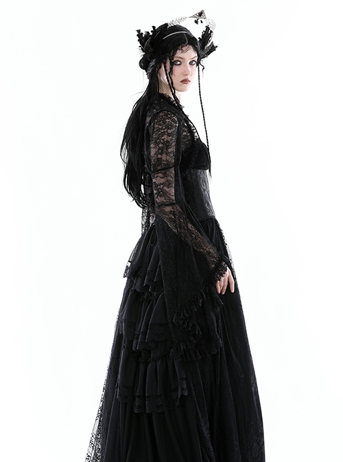 Gothic Style Sexy Elegant Romantic Floral Lace Mesh Translucent Retro Long Sleeve Shawl