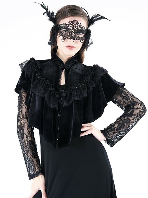 Gothic Style Elegant Lace Stitching Rose Flower Decoration Chinese Stand Collar Button Design Black Velvet Cloak