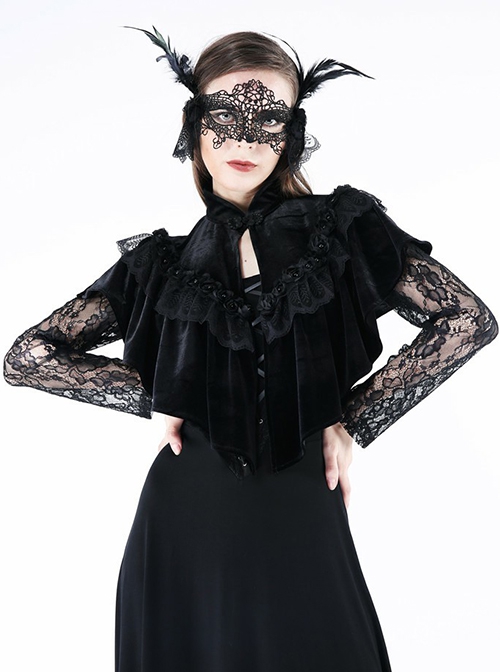 Gothic Style Elegant Lace Stitching Rose Flower Decoration Chinese Stand Collar Button Design Black Velvet Cloak