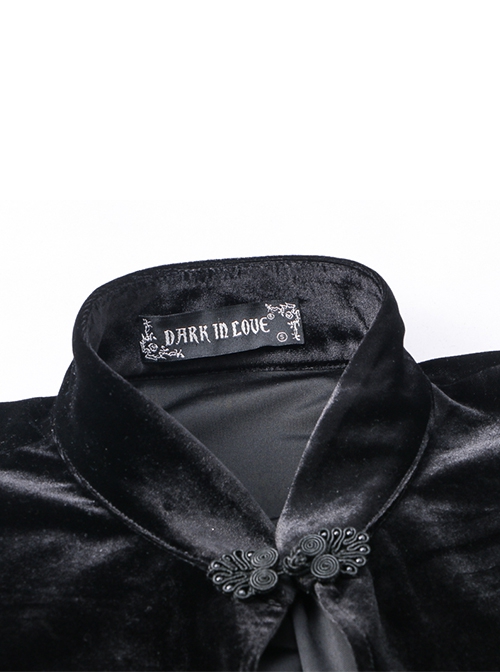 Gothic Style Elegant Lace Stitching Rose Flower Decoration Chinese Stand Collar Button Design Black Velvet Cloak