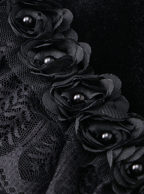 Gothic Style Elegant Lace Stitching Rose Flower Decoration Chinese Stand Collar Button Design Black Velvet Cloak