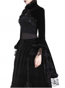 Gothic Style Gorgeous Black Velvet Chinese Knot Button Stand Collar Lace Ruffle Trumpet Sleeve Cape