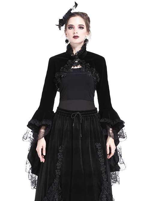 Gothic Style Gorgeous Black Velvet Chinese Knot Button Stand Collar Lace Ruffle Trumpet Sleeve Cape