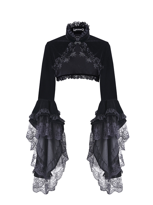 Gothic Style Gorgeous Black Velvet Chinese Knot Button Stand Collar Lace Ruffle Trumpet Sleeve Cape