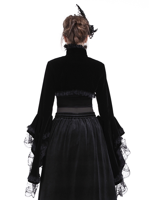 Gothic Style Gorgeous Black Velvet Chinese Knot Button Stand Collar Lace Ruffle Trumpet Sleeve Cape