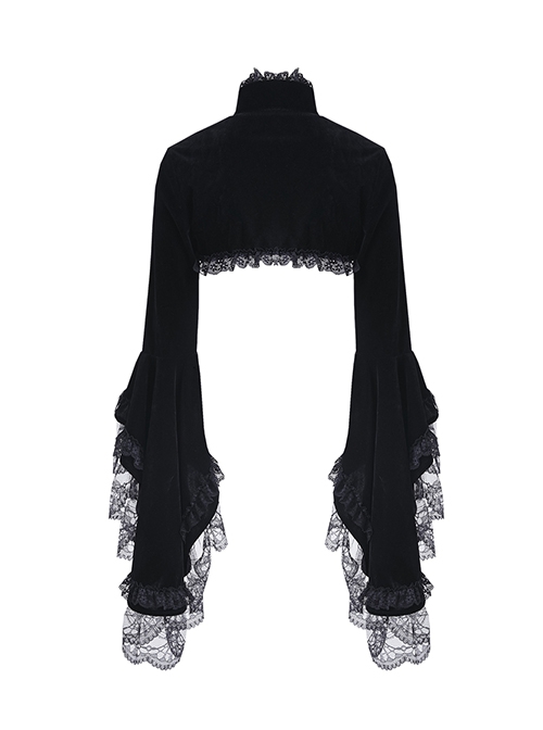 Gothic Style Gorgeous Black Velvet Chinese Knot Button Stand Collar Lace Ruffle Trumpet Sleeve Cape