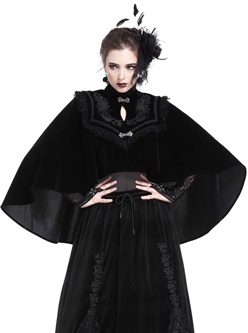 Gothic Style Elegant Embroidered Stand Collar Metal Plate Buckle Pleated Lace Embellished Velvet Short Cape