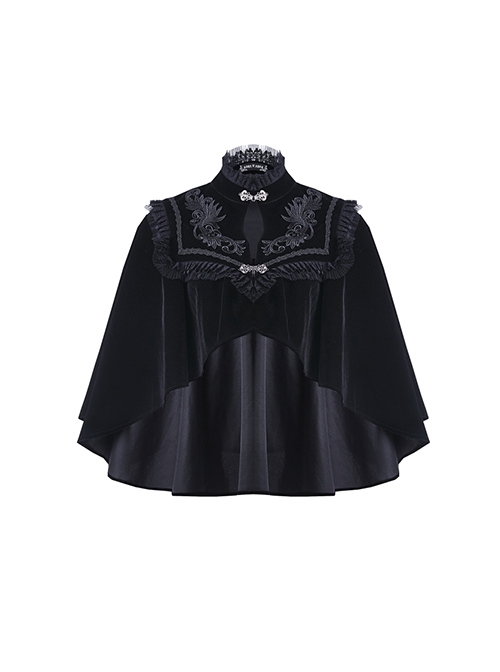 Gothic Style Elegant Embroidered Stand Collar Metal Plate Buckle Pleated Lace Embellished Velvet Short Cape