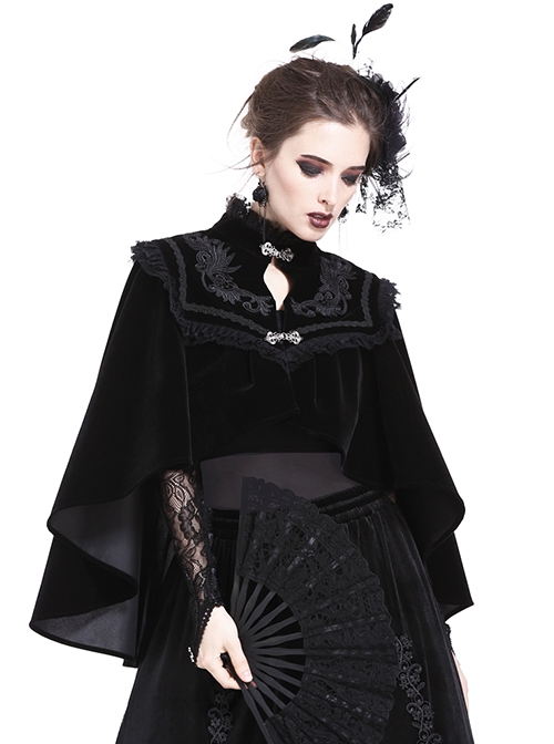 Gothic Style Elegant Embroidered Stand Collar Metal Plate Buckle Pleated Lace Embellished Velvet Short Cape