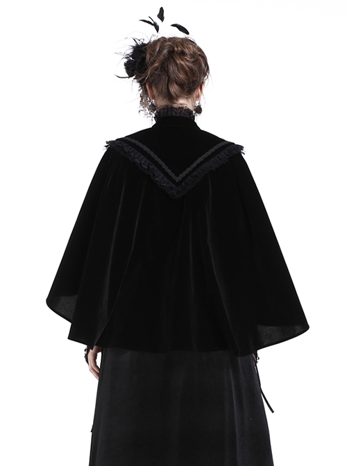 Gothic Style Elegant Embroidered Stand Collar Metal Plate Buckle Pleated Lace Embellished Velvet Short Cape