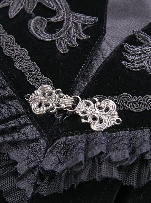 Gothic Style Elegant Embroidered Stand Collar Metal Plate Buckle Pleated Lace Embellished Velvet Short Cape