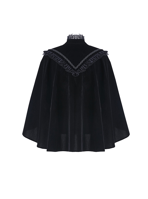 Gothic Style Elegant Embroidered Stand Collar Metal Plate Buckle Pleated Lace Embellished Velvet Short Cape