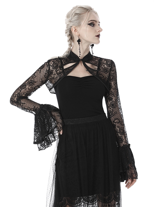 Gothic Chinese Style Sexy Lace Mesh Stand Collar Hollow Elegant Long Sleeve Cape