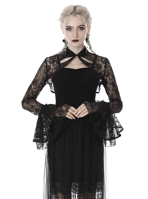 Gothic Chinese Style Sexy Lace Mesh Stand Collar Hollow Elegant Long Sleeve Cape