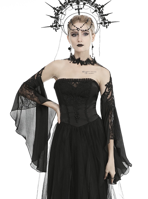 Gothic Style Exquisite Lace Tulle Splicing Big Sleeves Gorgeous Halter Neck Black Cape