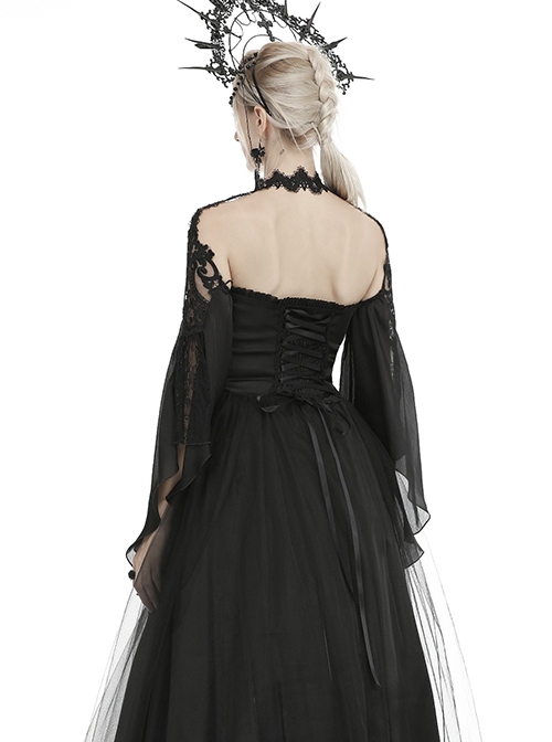 Gothic Style Exquisite Lace Tulle Splicing Big Sleeves Gorgeous Halter Neck Black Cape