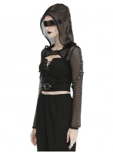 Punk Style Cool Sexy Hollow Fishnet Leather Hanging Ring Decorated Black Long Sleeves Hooded Cape