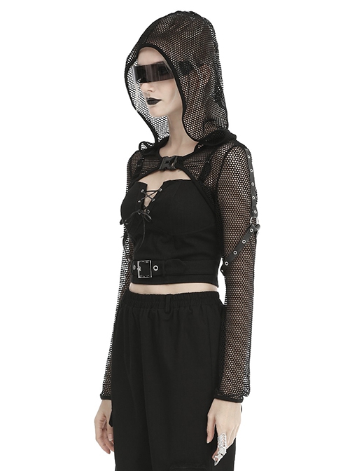 Punk Style Cool Sexy Hollow Fishnet Leather Hanging Ring Decorated Black Long Sleeves Hooded Cape