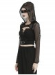 Punk Style Cool Sexy Hollow Fishnet Leather Hanging Ring Decorated Black Long Sleeves Hooded Cape