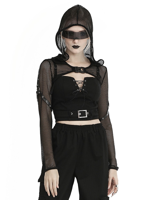 Punk Style Cool Sexy Hollow Fishnet Leather Hanging Ring Decorated Black Long Sleeves Hooded Cape