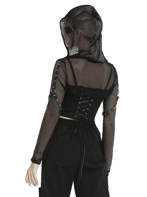 Punk Style Cool Sexy Hollow Fishnet Leather Hanging Ring Decorated Black Long Sleeves Hooded Cape