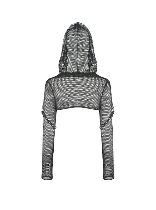 Punk Style Cool Sexy Hollow Fishnet Leather Hanging Ring Decorated Black Long Sleeves Hooded Cape