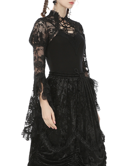 Gothic Style Retro Palace Mesh Lace Slim Sexy Strappy Gorgeous Black Cape