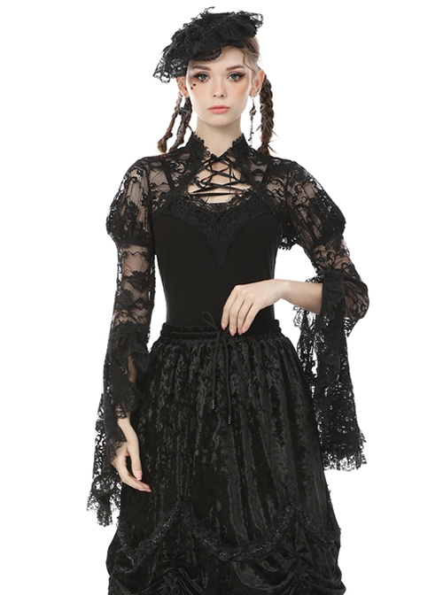 Gothic Style Retro Palace Mesh Lace Slim Sexy Strappy Gorgeous Black Cape