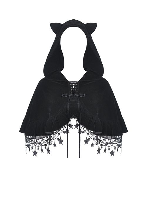 Gothic Style Cute Cat Ears Big Brim Gorgeous Star Tassel Black Velvet Hoodie Short Cape