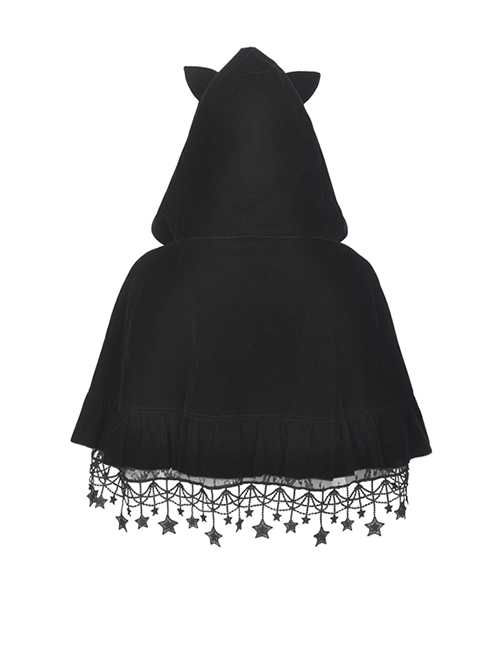 Gothic Style Cute Cat Ears Big Brim Gorgeous Star Tassel Black Velvet Hoodie Short Cape