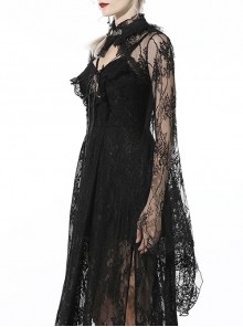 Gothic Style Dark Sexy Hollow Lace Mesh Trumpet Sleeve Butterfly Button Black Cape