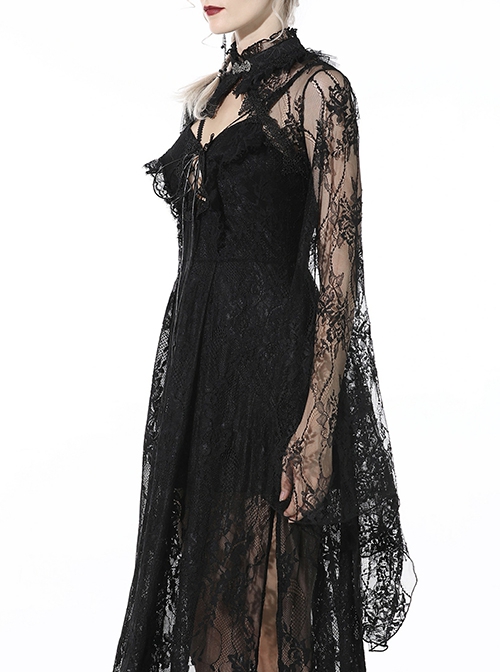 Gothic Style Dark Sexy Hollow Lace Mesh Trumpet Sleeve Butterfly Button Black Cape