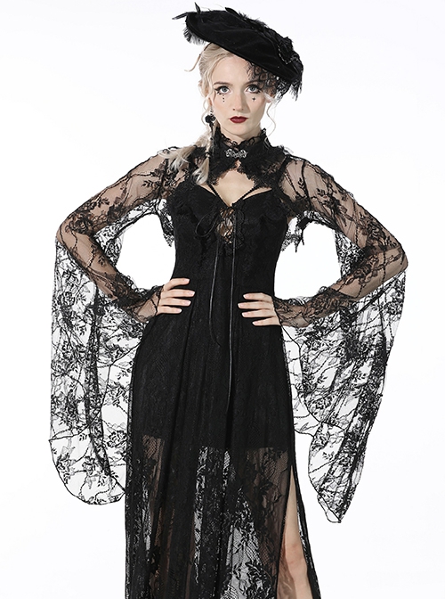 Gothic Style Dark Sexy Hollow Lace Mesh Trumpet Sleeve Butterfly Button Black Cape