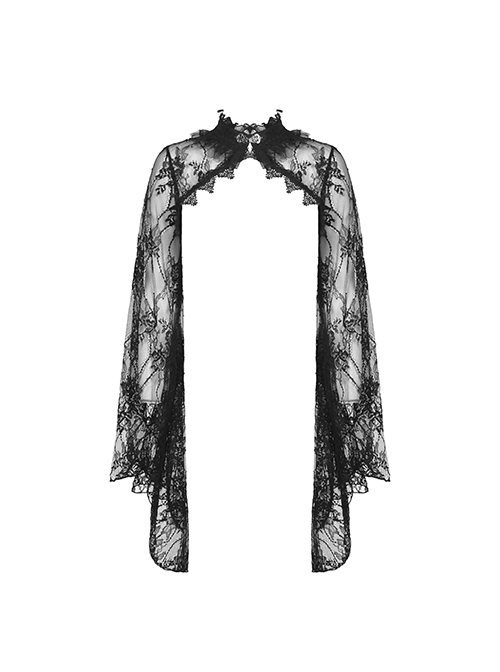 Gothic Style Dark Sexy Hollow Lace Mesh Trumpet Sleeve Butterfly Button Black Cape