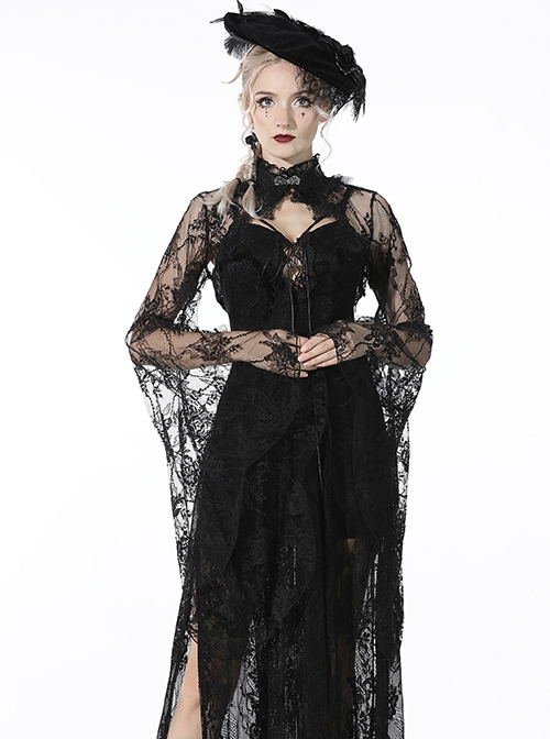 Gothic Style Dark Sexy Hollow Lace Mesh Trumpet Sleeve Butterfly Button Black Cape