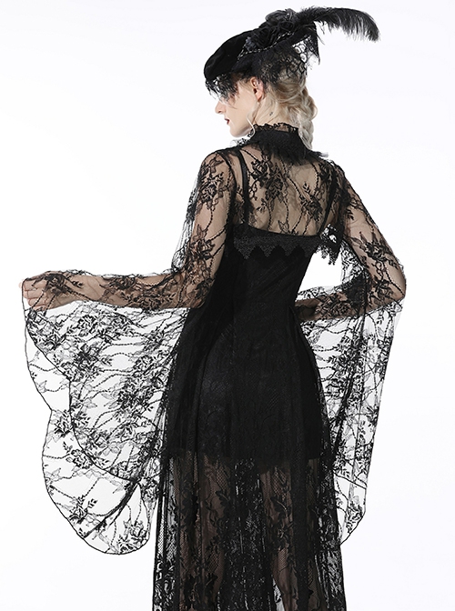 Gothic Style Dark Sexy Hollow Lace Mesh Trumpet Sleeve Butterfly Button Black Cape